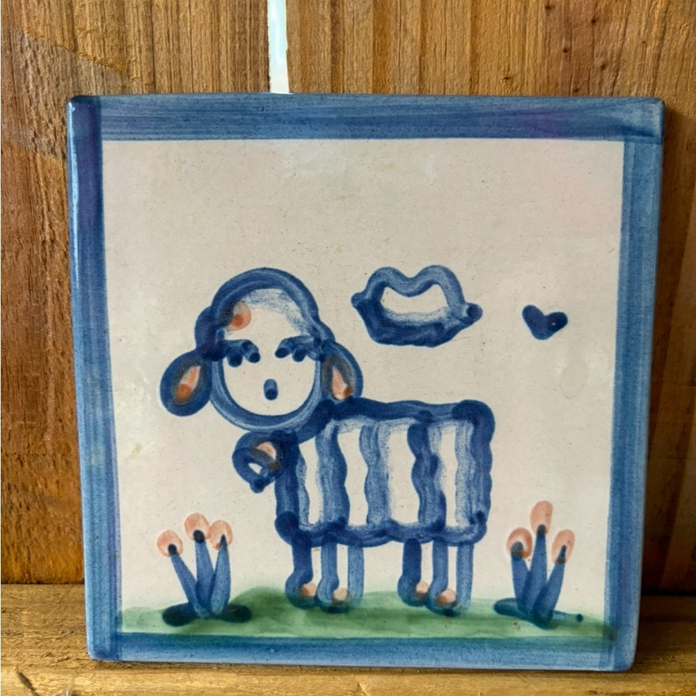 M.A. Hadley Pottery Hand Painted Country Farm Sheep Tile Trivet 6” Square